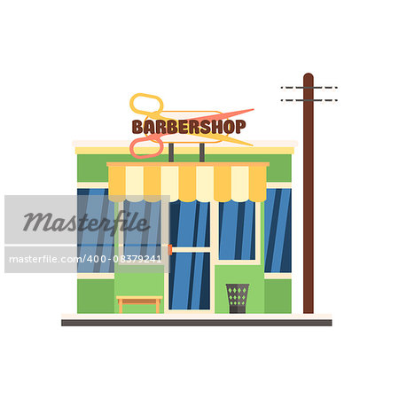 Barbershop Front window buildings. Flat Vector Illustration