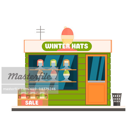Winter Hats Store Front. Flat Vector Illustration