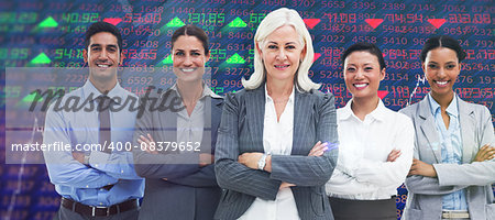 Business people with arms crossed smiling at camera  against stocks and shares