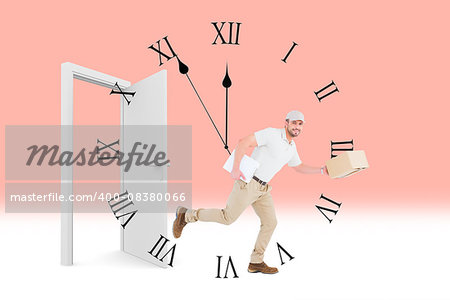Delivery man with cardboard boxes running  against clock counting down to midnight