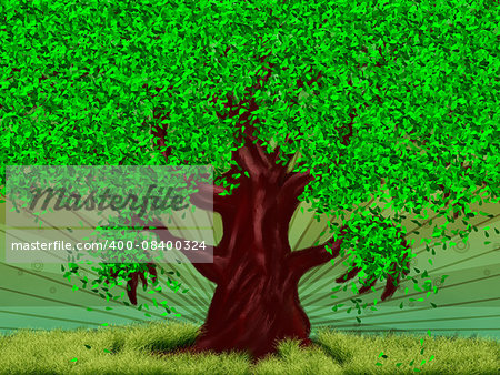 Illustration of season tree with green leaves background.