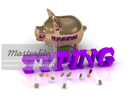 TYPING- inscription of green letters and gold Piggy on white background