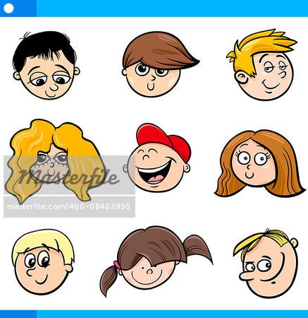 Cartoon Illustration of Cute Children Boys and Girls Faces Set