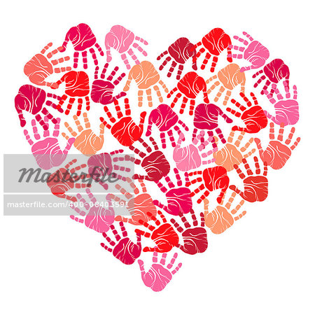 Heart with red handprints, vector illustration