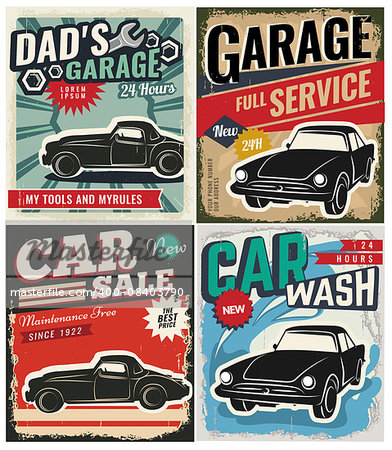 Vintage retro style. Set of vector cars flyer template. Garage, tire service, sale, wash, repair and auto service. You ?an use it for advertising, signboard, signage, banner or label.