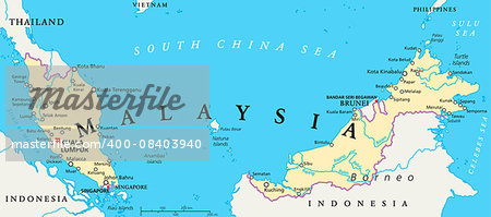 Malaysia political map with capital Kuala Lumpur, national borders, important cities and rivers. English labeling and scaling. Illustration.