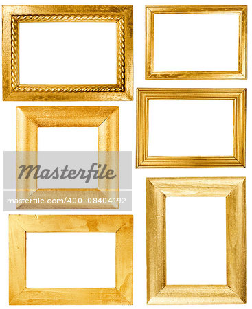 Collection of wooden frames painted with gold isolated on white background