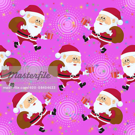 Christmas Seamless Illustration, Cartoon Santa Claus Walking with Bag and Gift Box on Abstract Pink Background with Stars and Patterns.