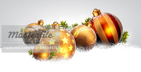 Christmas background with golden balls on the snow