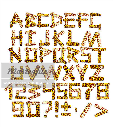Alphabet in safari style. Letters with animal skin textures - leopard, jaguar, cheetah. Isolated on white background