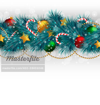 Blue Christmas tree branches with balls, candy canes, chains and stars on grayscale background