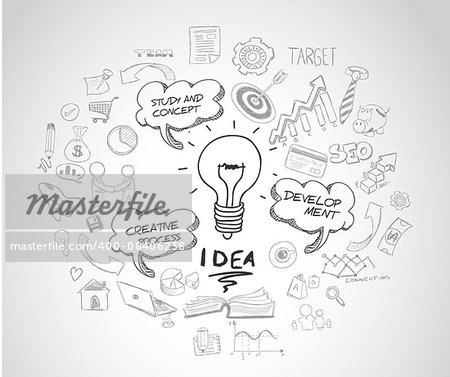 idea concept with light bulb and doodle sketches infographic icons hand drawn.