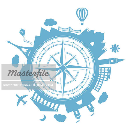 Famouse places. Time to travel vector illustration. Around the world travelling by plane, airplane trip in various country.  Flat icon modern design style poster. Travel banner. Wind rose Travel agency round icon. Famouse places vector illustration isolated on white