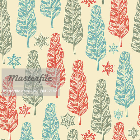 Vector Seamless Pattern with doodle hand drawn trees and snowflakes, seamless pattern in swatch menu