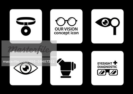 set of six isolated optician icons on black background