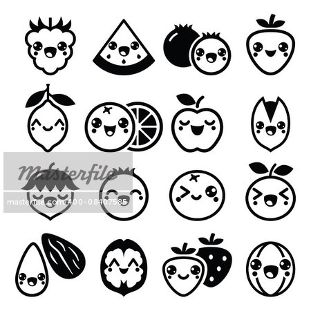 Vector icons set of Japanese Kawaii in black isolated on white