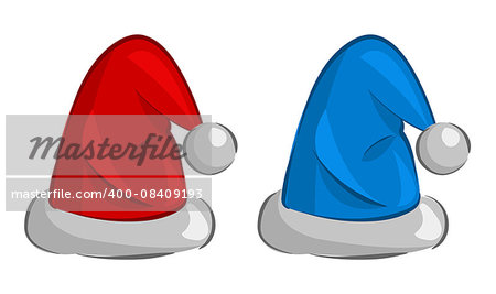 Vector illustration of red and blue Santa Claus hats