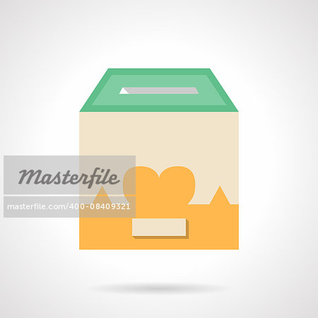Donation box with heart image. Charity concept. Flat color style vector icon. Single web design element for mobile app or website.