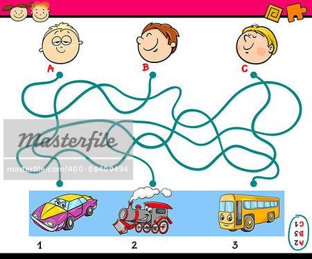 Cartoon Illustration of Education Paths Puzzle Task for Preschoolers with Boys and Vehicles