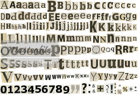 Big size collection of black and white newspapers letters, numbers and symbols clippings isolated on a white background