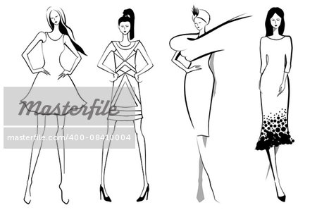 Fashion models.Sketch in black and white color. Set of vector women or girls.