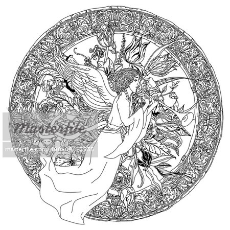 Luxurious frame with flowers and an Angel. Zentangle interpretation. Black and white. Vector illustration. The best for your design, textiles, posters, coloring book