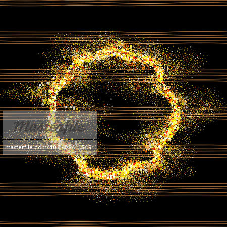 Golden round frame on black background. Gold sparkles on black background. Gold glitter vector.