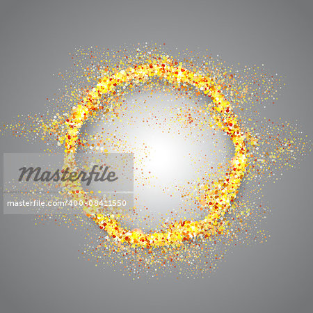Golden round frame with  sparkles on gray background. Gold glitter vector.