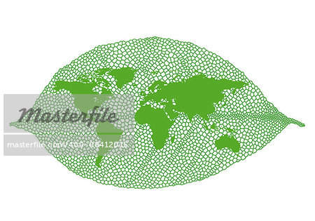 World map on green vein leaf, vector illustration