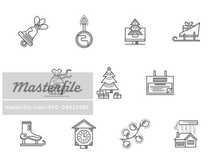 Merry Christmas and Happy New Year holidays. Accessories and decorations for Xmas party. Set of flat line vector icons. Elements of web design for business, website or mobile app.