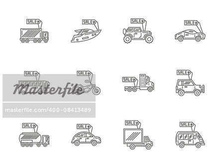Rent and sale vehicles. Online car store, e-business. Transport with tags. Set of flat line style vector icons. Elements of web design for business, website or mobile app.
