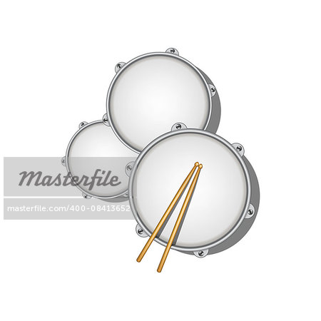 Drums and pair of wooden drumsticks on white background