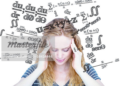 A blonde woman having headache against maths equation