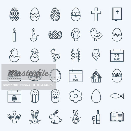 Line Happy Easter Holiday Icons Set. Vector Set of Modern Thin Outline Icons for Website and Mobile.