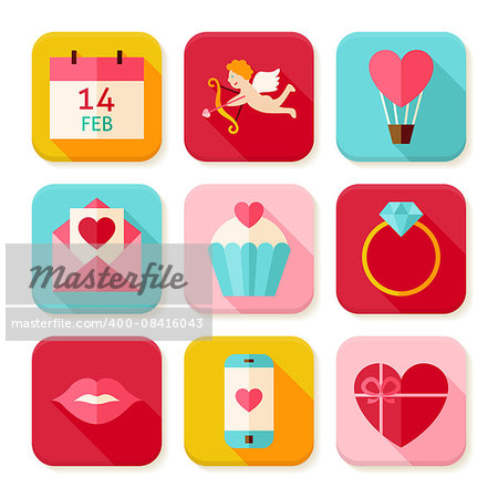Happy Valentine Day Square App Icons Set. Flat Design Vector Illustration. Love Colorful Objects. Icons for Website and Mobile Application.