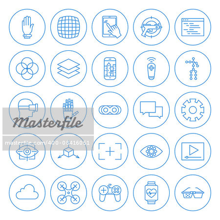 Line Circle Virtual Reality Icons Set. Vector Set of Modern Innovation Technology Thin Line Icons of Augmented Reality Circle Shaped Isolated over White Background.