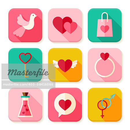 Love Valentine Day Square App Icons Set. Flat Design Vector Illustration. Happy Valentine Day Colorful Objects. Icons for Website and Mobile Application.