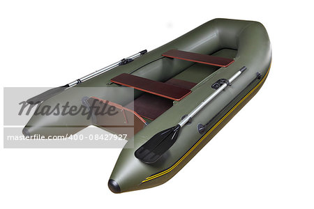 One inflatable rowing motor dinghy, dark green, rubber and PVC boat with two seats no body of people, isolated on white background.