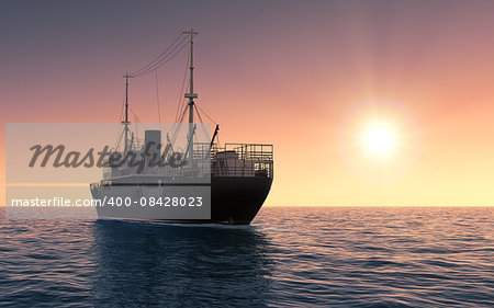 Cargo Ship Against The Evening Sky. 3D Scene.