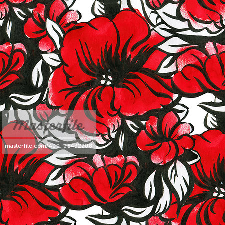 Seamless pattern with watercolor flowers. Bright red flowers on a white background. Drawing with ink and watercolor.