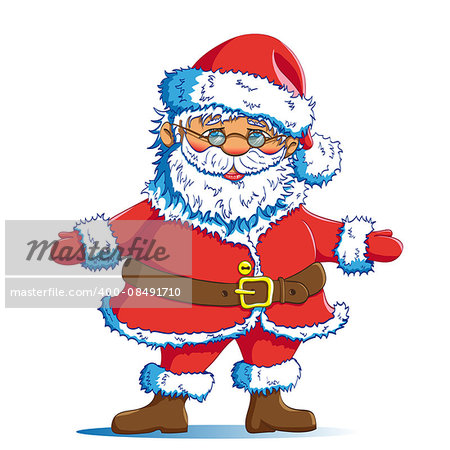 Santa Claus in a red suit congratulates Merry Christmas and New Year