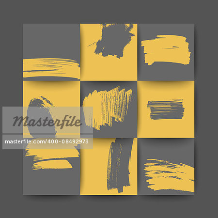 Abstract hand drawn style square postcards templates in yellow and grey