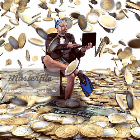 Businessman with fins on money rain background