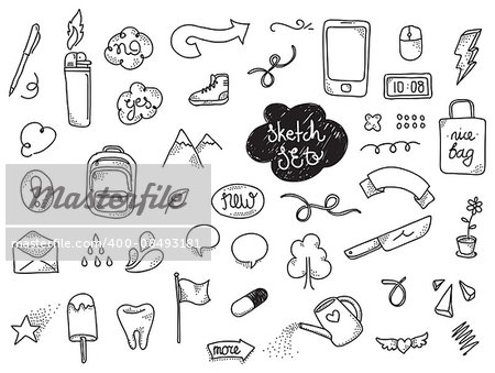 Doodles set. Hand drawn funny vector elements.