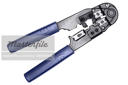 Single blue-black network cable crimper. Isolated on white background. Close-up. Studio photography.