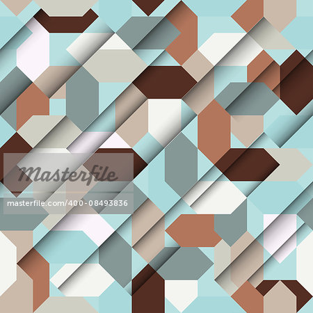 Vector seamless papercut geometric pattern with polygonal elements, blue and brown