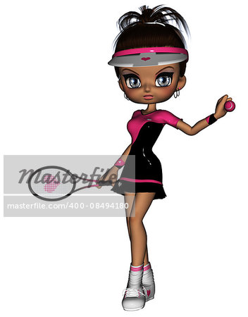 Digitally rendered illustration of a cartoon female tennis player on white background.