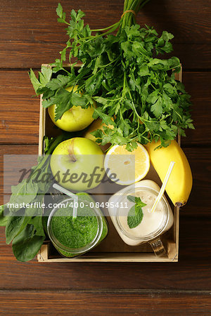 beverage with spinach, celery, pumpkin seeds and banana smoothie, detox and healthy food