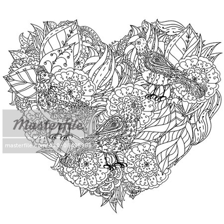 flowers in heart shape with birds. Zentangle interpretation. Black and white. Vector illustration. The best for your design, textiles, posters, coloring book or Valentines Day card