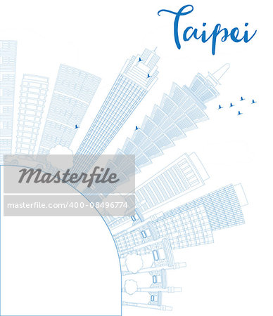 Outline Taipei skyline with blue landmarks and copy space. Vector illustration. Business travel and tourism concept with place for text. Image for presentation, banner, placard and web site.